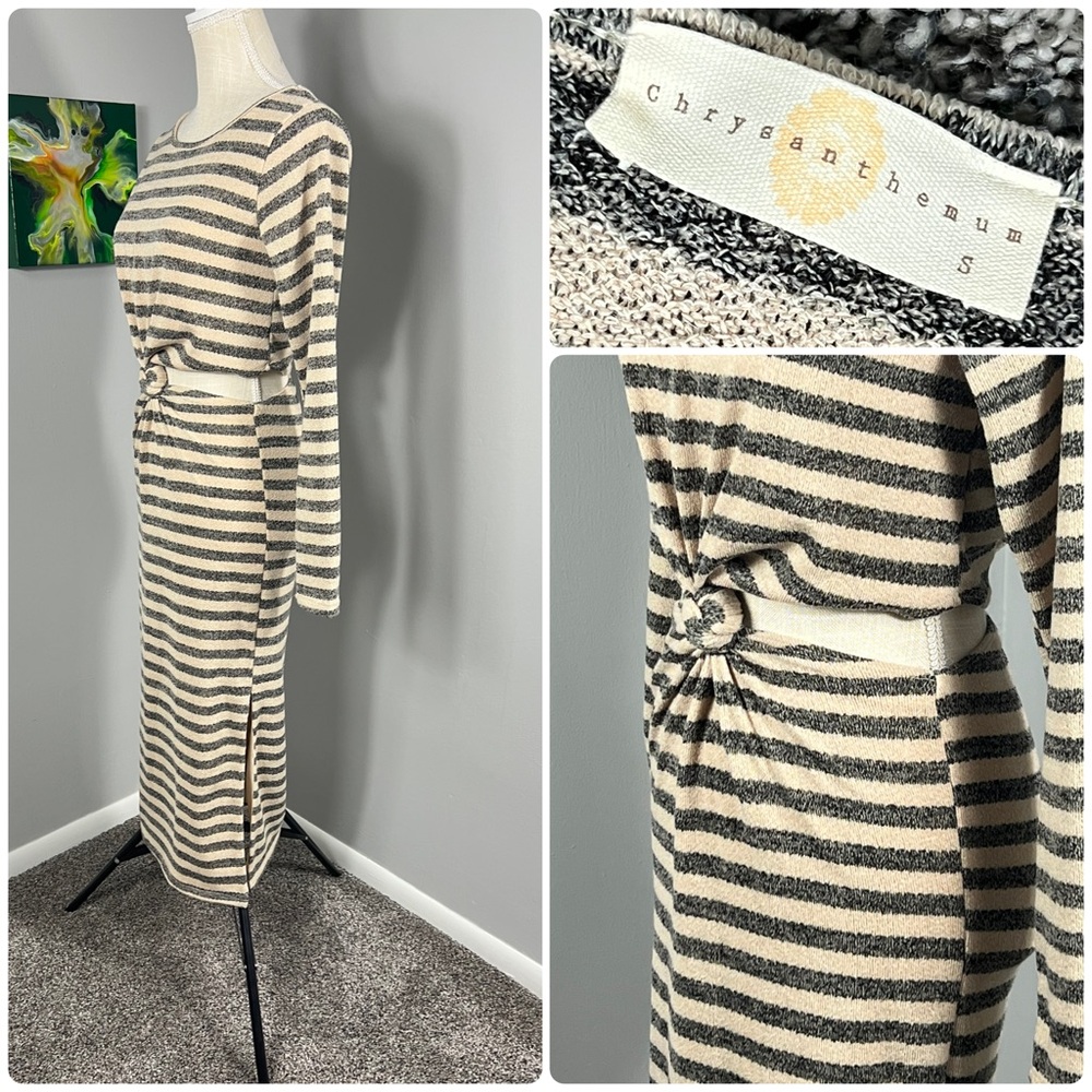 Anthropologie Chrysanthemum Striped Long Sleeve Knit Dress in Cream and Black